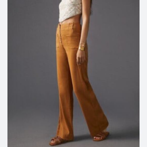 Maeve Anthropologie Relaxed Wide Leg Pants Cedar Brown size 10 Button Front - Picture 2 of 10